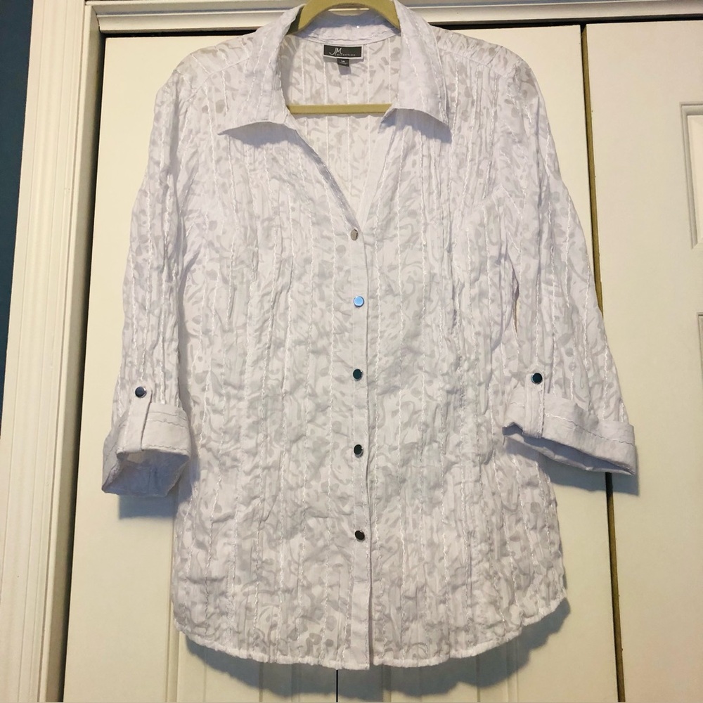 White button down Blouse JM Collection, 3/4 button tab sleeve, sequins, size 14